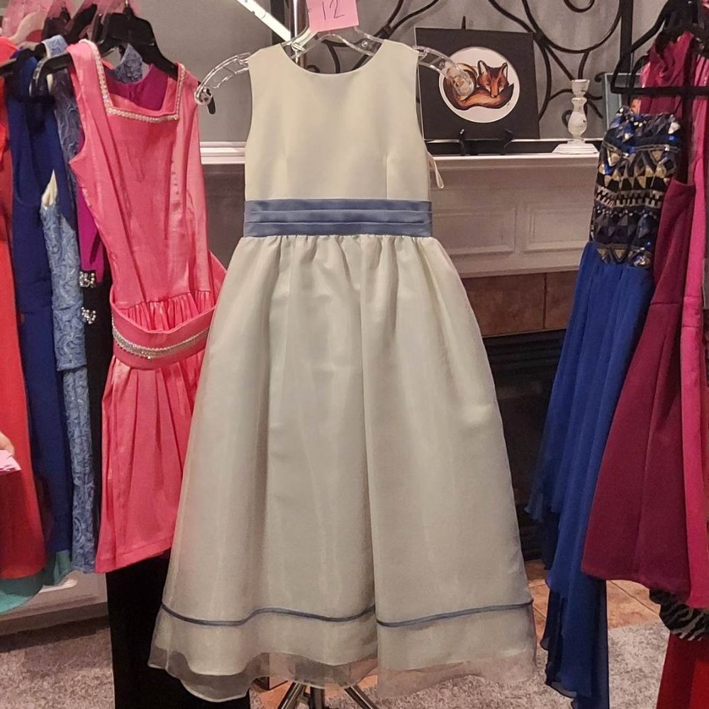 White and Blue Flower Girl Dress